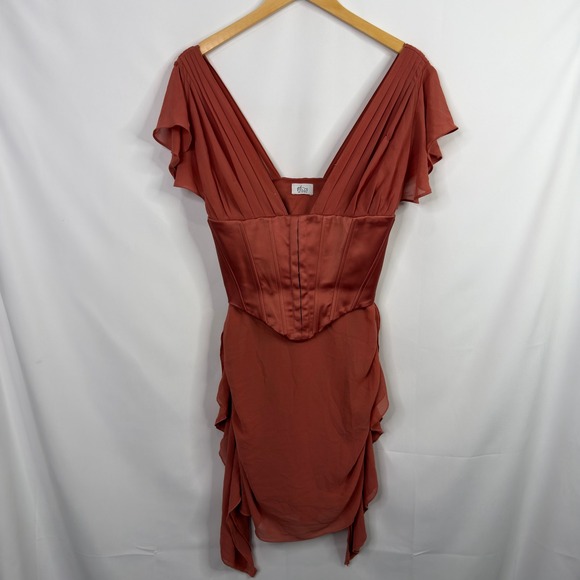 Oh Polly Cerise Draped Corset Zipper Terra-cotta V-Neck Mini Dress Size 6 - Picture 3 of 9